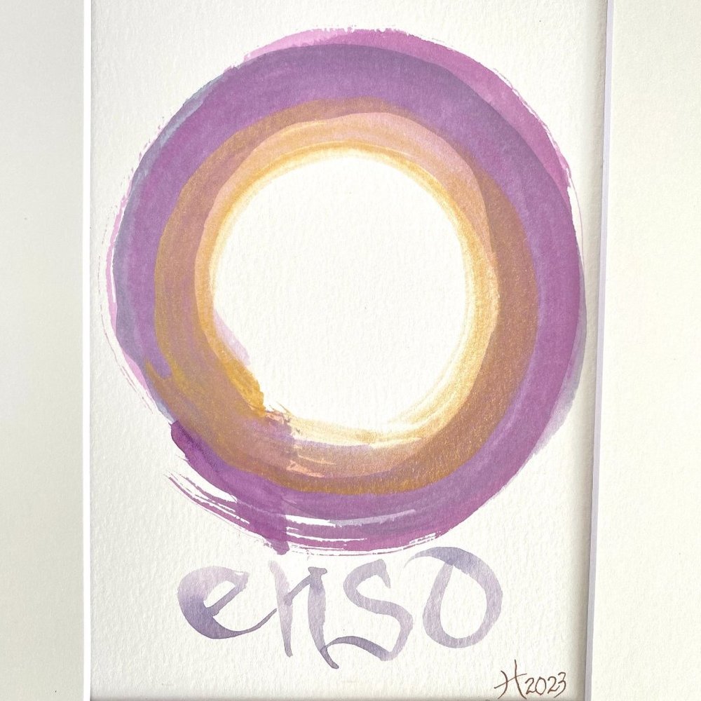 Purple & Gold Enso Original Handmade Watercolor Painting Cream Mat 8x10in